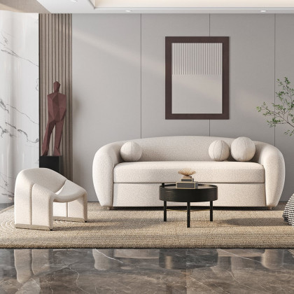HMR - 82" Modern White Teddy Velvet 3 Seaters Curved Sofa for Living Room