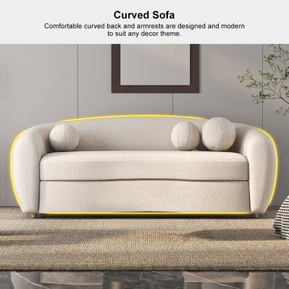 HMR - 82" Modern White Teddy Velvet 3 Seaters Curved Sofa for Living Room