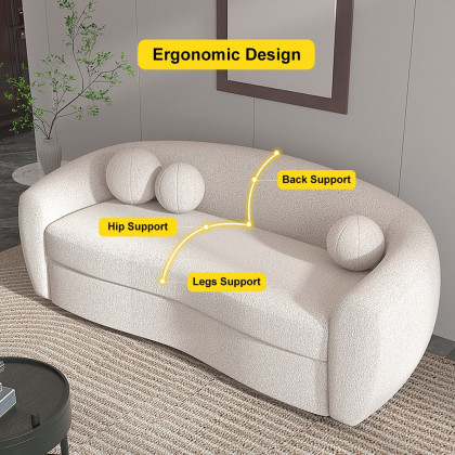 HMR - 82" Modern White Teddy Velvet 3 Seaters Curved Sofa for Living Room