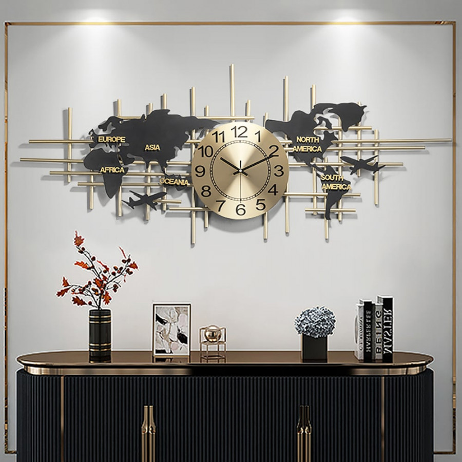 HMR - 38" Modern Metal Large Map Wall Clock Decor Creative Silent Clocks Art for Living Room