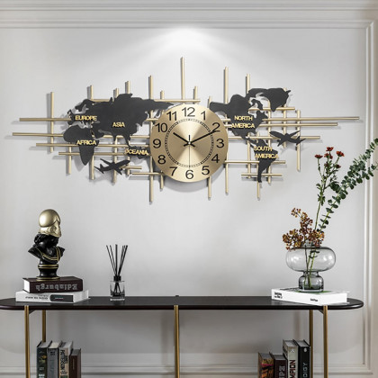 HMR - 38" Modern Metal Large Map Wall Clock Decor Creative Silent Clocks Art for Living Room