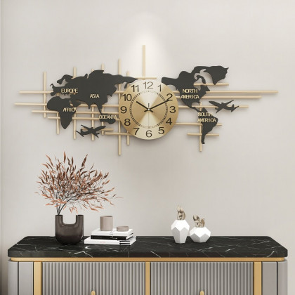 HMR - 38" Modern Metal Large Map Wall Clock Decor Creative Silent Clocks Art for Living Room