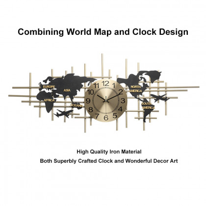 HMR - 38" Modern Metal Large Map Wall Clock Decor Creative Silent Clocks Art for Living Room