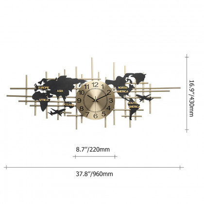 HMR - 38" Modern Metal Large Map Wall Clock Decor Creative Silent Clocks Art for Living Room