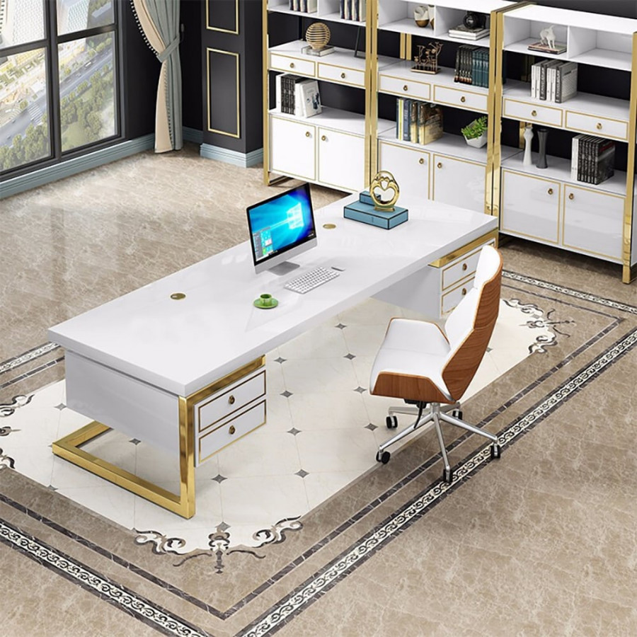 HMR Holf Modern Rectangular Executive Office Desk with 4 Drawers - White/Gold, 63.0"