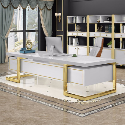 HMR Holf Modern Rectangular Executive Office Desk with 4 Drawers - White/Gold, 63.0"