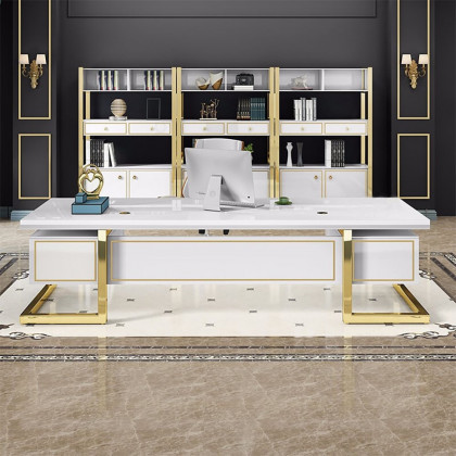 HMR Holf Modern Rectangular Executive Office Desk with 4 Drawers - White/Gold, 63.0"