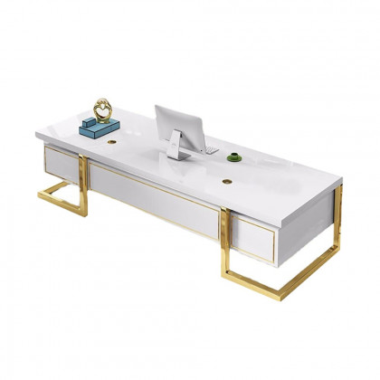 HMR Holf Modern Rectangular Executive Office Desk with 4 Drawers - White/Gold, 63.0"