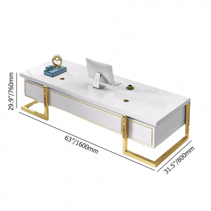 HMR Holf Modern Rectangular Executive Office Desk with 4 Drawers - White/Gold, 63.0"