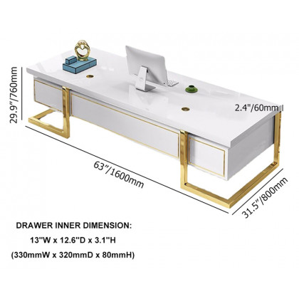 HMR Holf Modern Rectangular Executive Office Desk with 4 Drawers - White/Gold, 63.0"