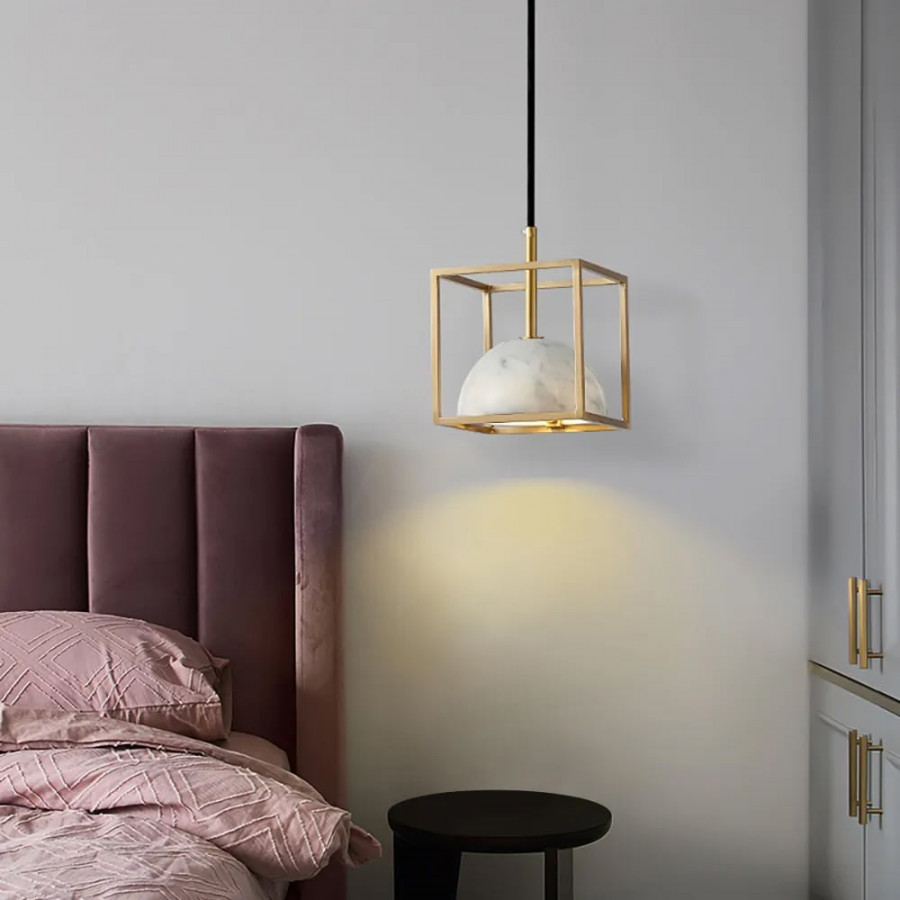 HMR - Brass Geometric Pendant Light with White Faux Marble Shade