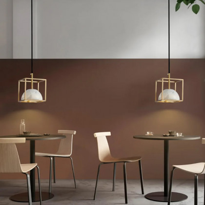 HMR - Brass Geometric Pendant Light with White Faux Marble Shade