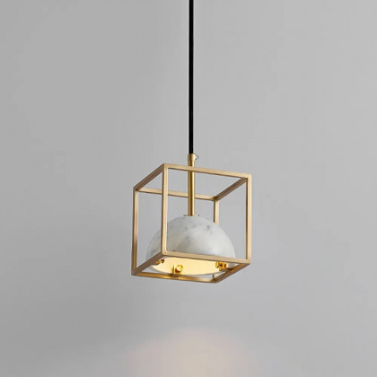 HMR - Brass Geometric Pendant Light with White Faux Marble Shade