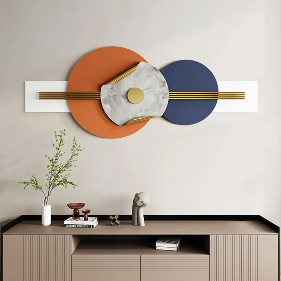 HMR - 47.2" Modern Round Metal Wall Decor Overlapping Design in White & Orange for Living Room