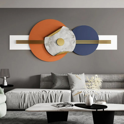 HMR - 47.2" Modern Round Metal Wall Decor Overlapping Design in White & Orange for Living Room