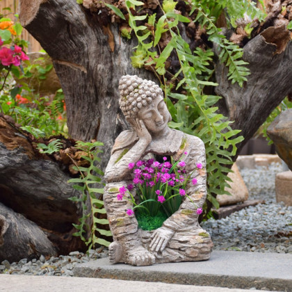 HMR - Outdoor Garden Sleeping Buddha Statue Sculpture Magnesium Oxide Flower Pot Planter Decor