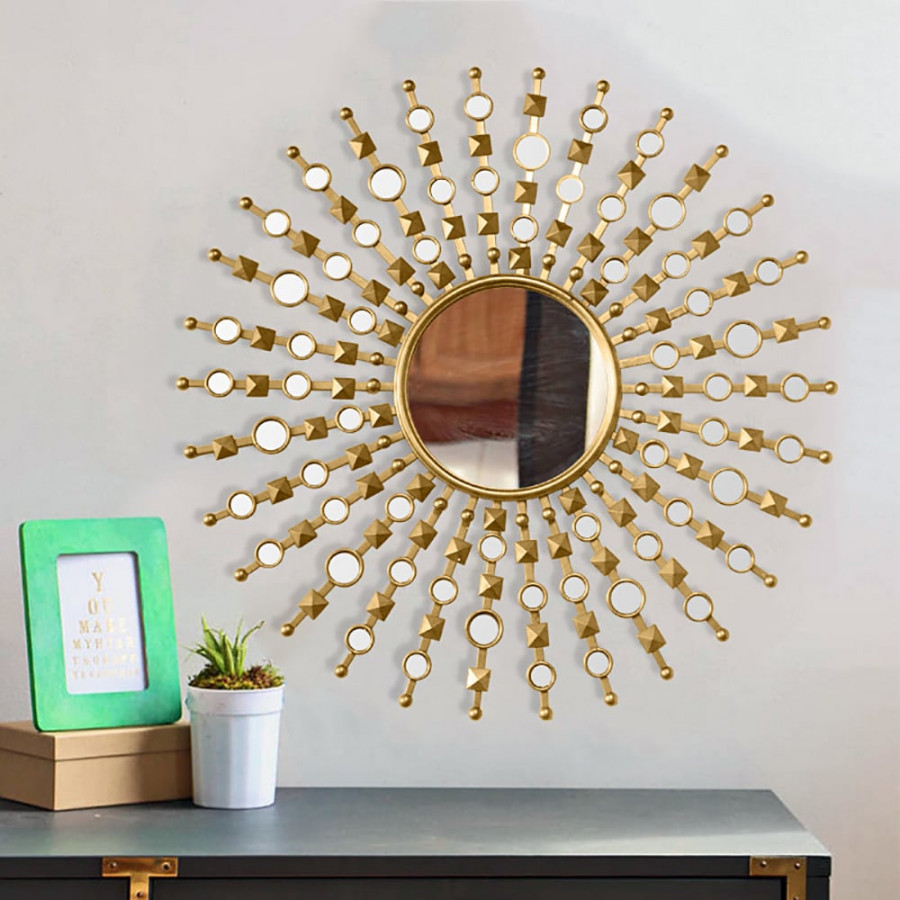 HMR - 27.6" Glam Metal Round Gold Wall Mirror Sun Shine Home Decor for Living Room
