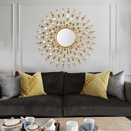 HMR - 27.6" Glam Metal Round Gold Wall Mirror Sun Shine Home Decor for Living Room