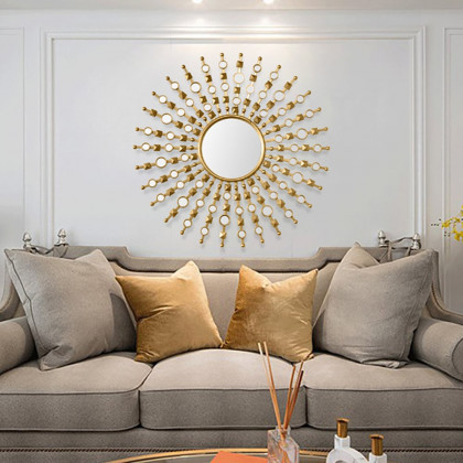 HMR - 27.6" Glam Metal Round Gold Wall Mirror Sun Shine Home Decor for Living Room