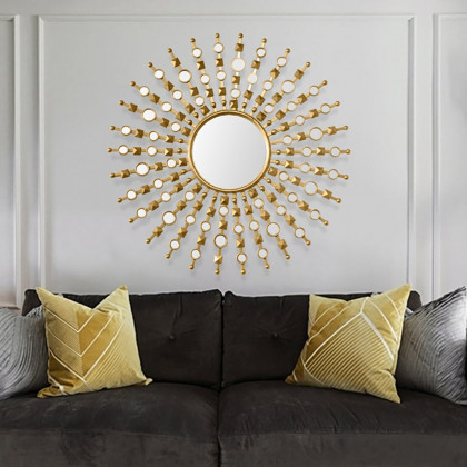 HMR - 27.6" Glam Metal Round Gold Wall Mirror Sun Shine Home Decor for Living Room