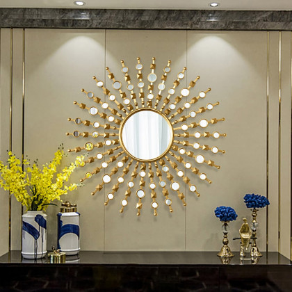 HMR - 27.6" Glam Metal Round Gold Wall Mirror Sun Shine Home Decor for Living Room