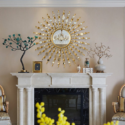 HMR - 27.6" Glam Metal Round Gold Wall Mirror Sun Shine Home Decor for Living Room