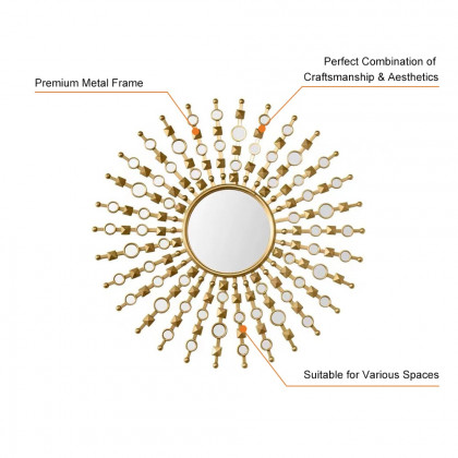 HMR - 27.6" Glam Metal Round Gold Wall Mirror Sun Shine Home Decor for Living Room