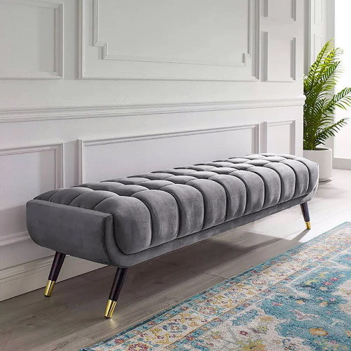 HMR Enoak Modern Bedroom Bench Velvet Upholstery Wooden Legs - Gray