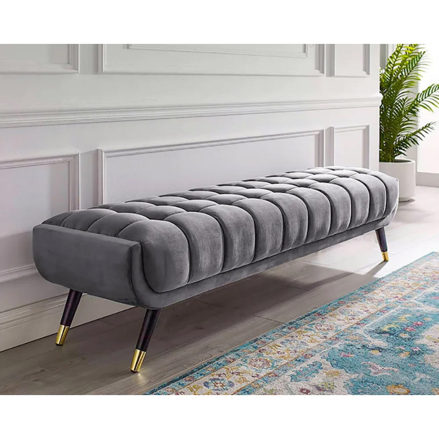 HMR Enoak Modern Bedroom Bench Velvet Upholstery Wooden Legs - Gray