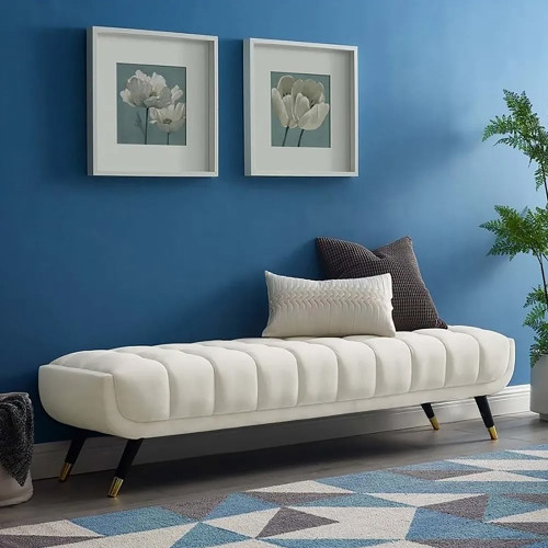 HMR Enoak Modern Bedroom Bench Velvet Upholstery Wooden Legs - White