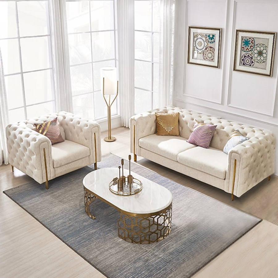 HMR - Taree Set of 2 86.6" Modern White Leath-aire Upholstered Sofa & Chair Living Room