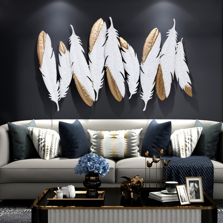 HMR - Creative Feathers Metal Wall Decor Hanging Home Art in White & Gold