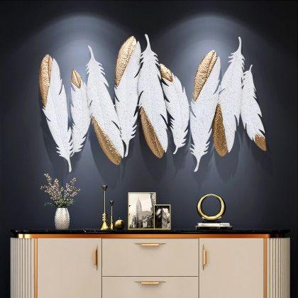 HMR - Creative Feathers Metal Wall Decor Hanging Home Art in White & Gold