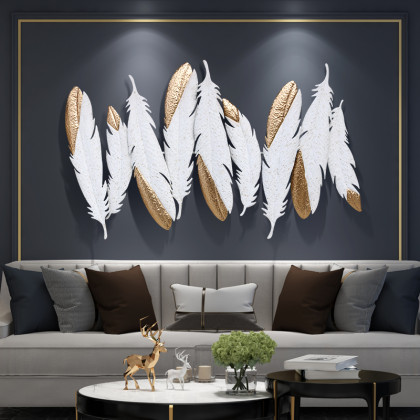 HMR - Creative Feathers Metal Wall Decor Hanging Home Art in White & Gold