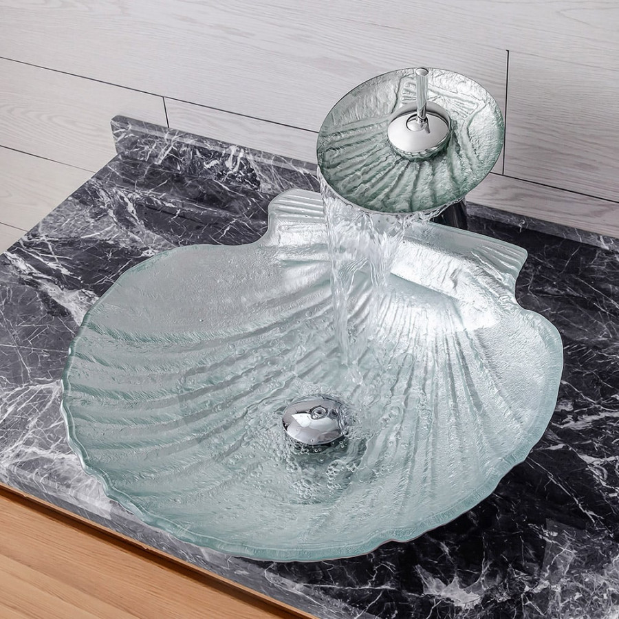 HMR - Vessel Transparent Shell Shaped Crystal Glass Bowl Bathroom Wash Sink with Faucet