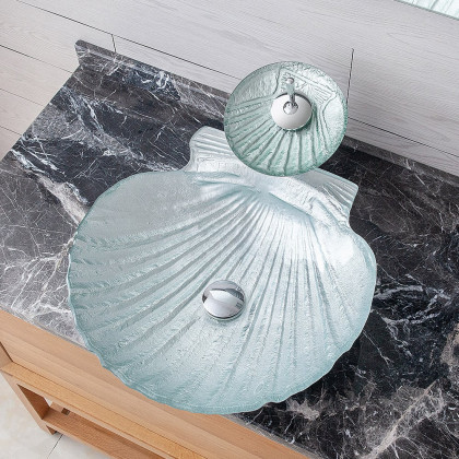 HMR - Vessel Transparent Shell Shaped Crystal Glass Bowl Bathroom Wash Sink with Faucet