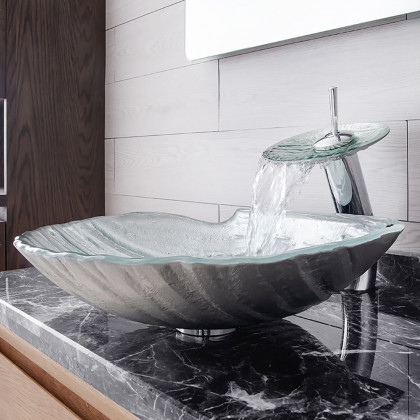 HMR - Vessel Transparent Shell Shaped Crystal Glass Bowl Bathroom Wash Sink with Faucet