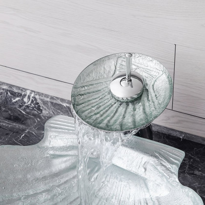 HMR - Vessel Transparent Shell Shaped Crystal Glass Bowl Bathroom Wash Sink with Faucet