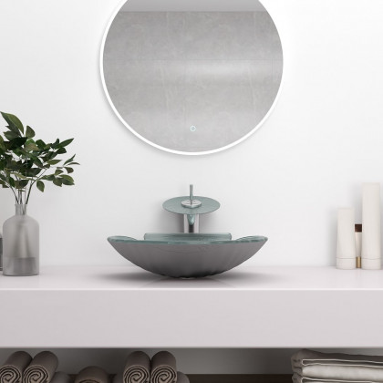 HMR - Vessel Transparent Shell Shaped Crystal Glass Bowl Bathroom Wash Sink with Faucet