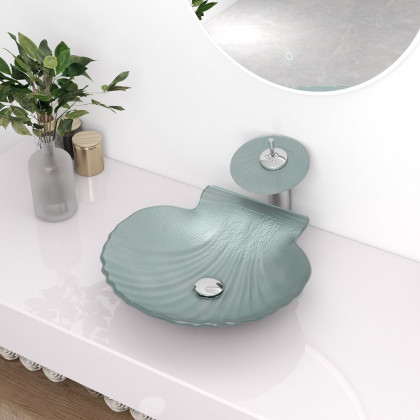 HMR - Vessel Transparent Shell Shaped Crystal Glass Bowl Bathroom Wash Sink with Faucet