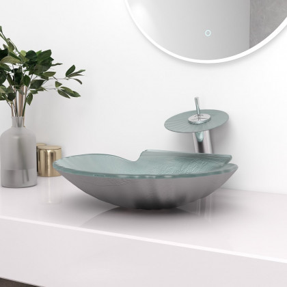 HMR - Vessel Transparent Shell Shaped Crystal Glass Bowl Bathroom Wash Sink with Faucet