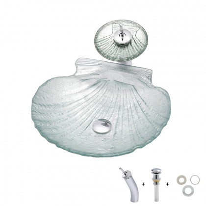HMR - Vessel Transparent Shell Shaped Crystal Glass Bowl Bathroom Wash Sink with Faucet