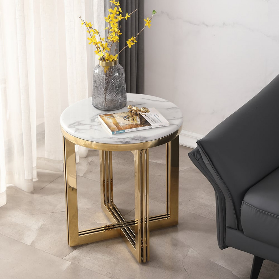 HMR - Modern Round Marble-top End Table Side Table in White & Gold