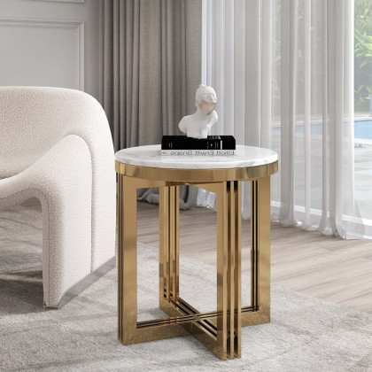 HMR - Modern Round Marble-top End Table Side Table in White & Gold