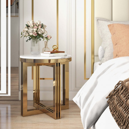 HMR - Modern Round Marble-top End Table Side Table in White & Gold
