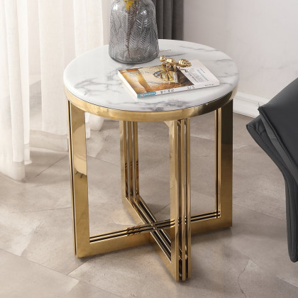 HMR - Modern Round Marble-top End Table Side Table in White & Gold