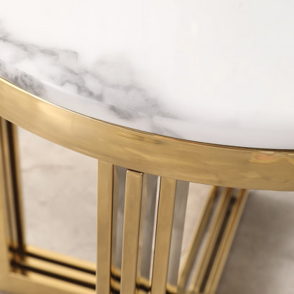 HMR - Modern Round Marble-top End Table Side Table in White & Gold