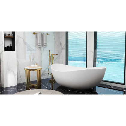 HMR - Modern Round Marble-top End Table Side Table in White & Gold