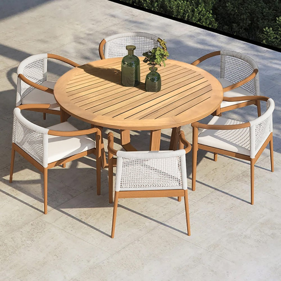 HMR - 7-Pieces Teak Outdoor Dining Set Wood Round Dining Table with 6 Chairs in Natural
