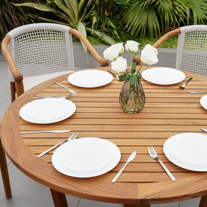 HMR - 7-Pieces Teak Outdoor Dining Set Wood Round Dining Table with 6 Chairs in Natural